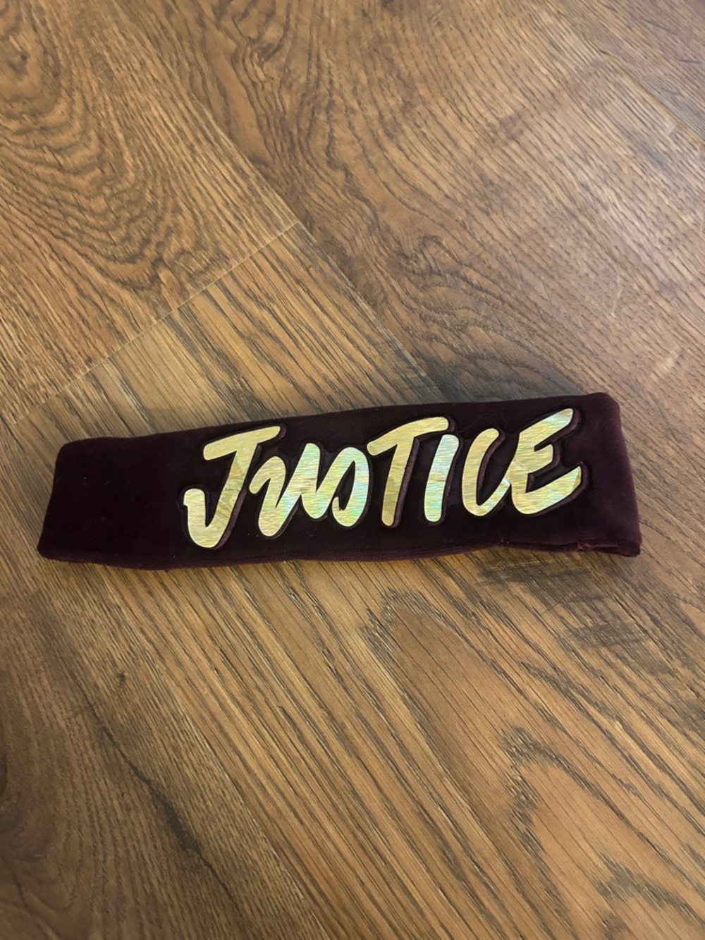 Justice Velvet Headband in Deep Maroon with Gold Holographic Logo